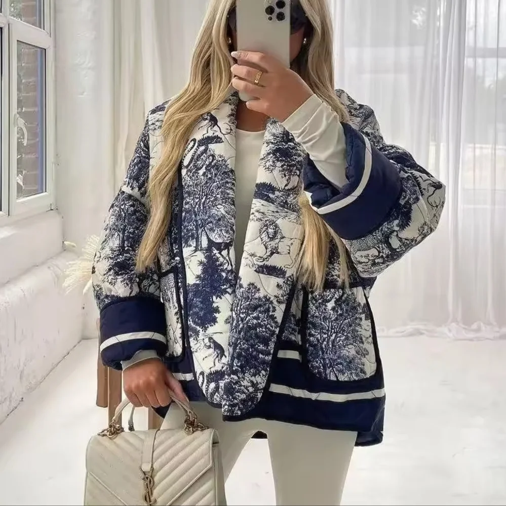 Flower Printed Jacket Casual Long Sleeve Cardigan Coat Autumn Winter Female Fash - Picture 1 of 5